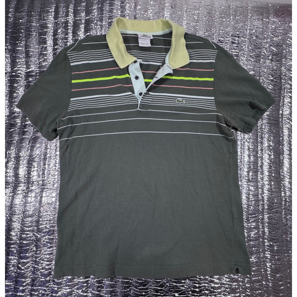Lacoste Mens Striped Polo Shirt Green Size 4 Medium 100% Cotton 5191L